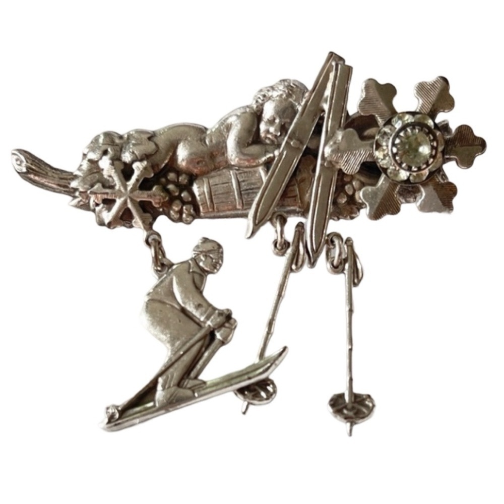 Kirks Folly Rhinestone Snow Flake Angel Ski Silver Brooch